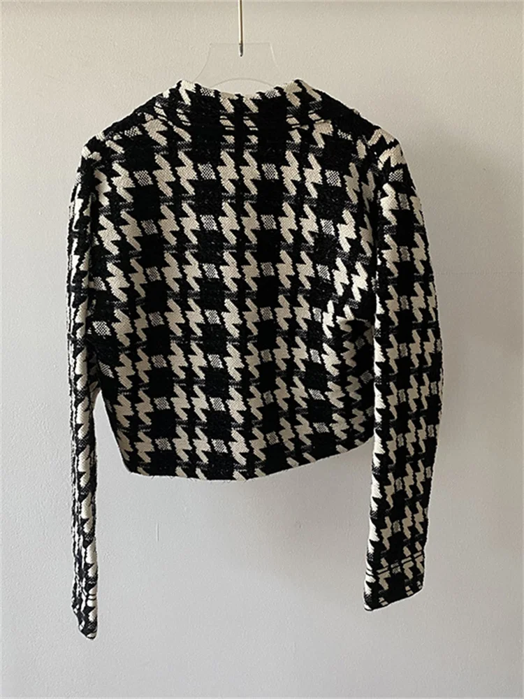 

Spring 2024 New Women's Houndstooth Knitted Coat Long-Sleeved Notched Collar Ladies Single-Breasted Cardigan Outwear Tops