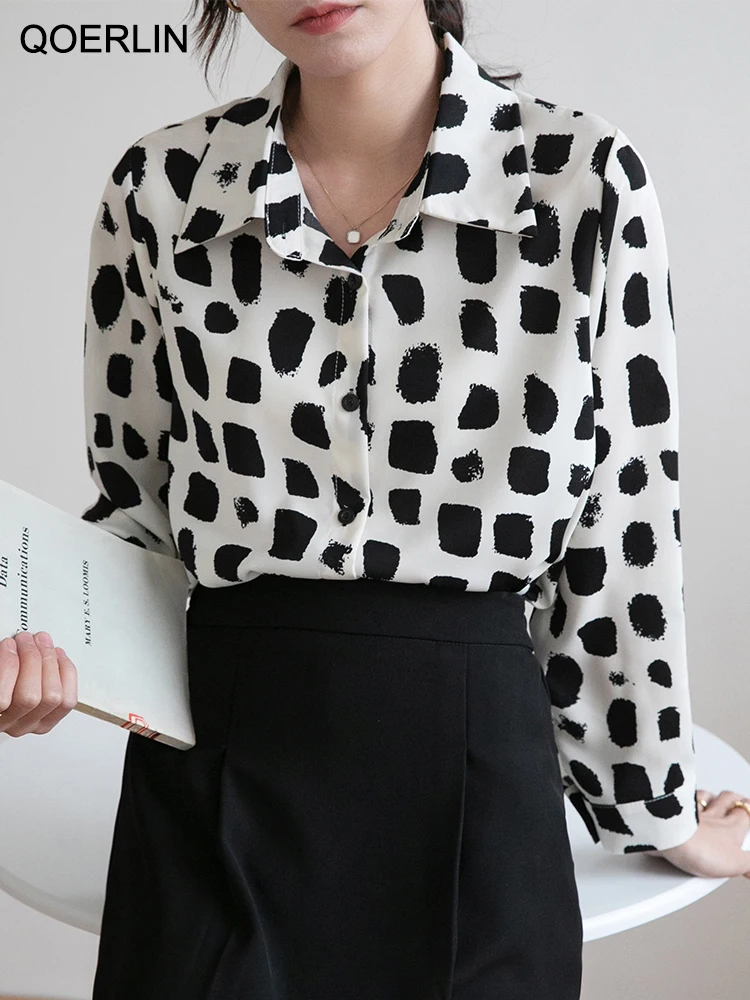 QOERLIN Stylish Printed Tops Blouse Women 2023 Spring New Long Sleeve Button Up Shirts Turn-Down Women Workwear Fashion OL Shirt