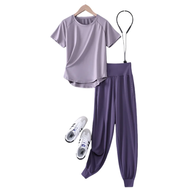 DRUR S-4XL Yoga Set Women Sport Shirts Gym Pants Set 2 Piece Short Fitness Tops Sweatpants Suit Female Summer Sportswear Outfit 2