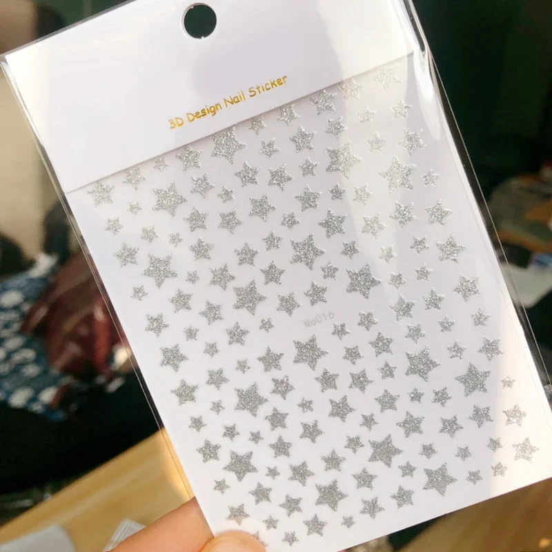 Glitter Silver Star Nail Art Stickers - Self-Adhesive 3D Decorative Accents