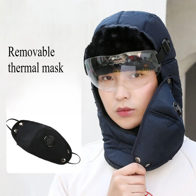Trapper Hat Winter Skiing Cap Women Men Windproof Winter Earflap Hat Outdoor Warm Thermal Trapper Hat with Goggles Scarf for
