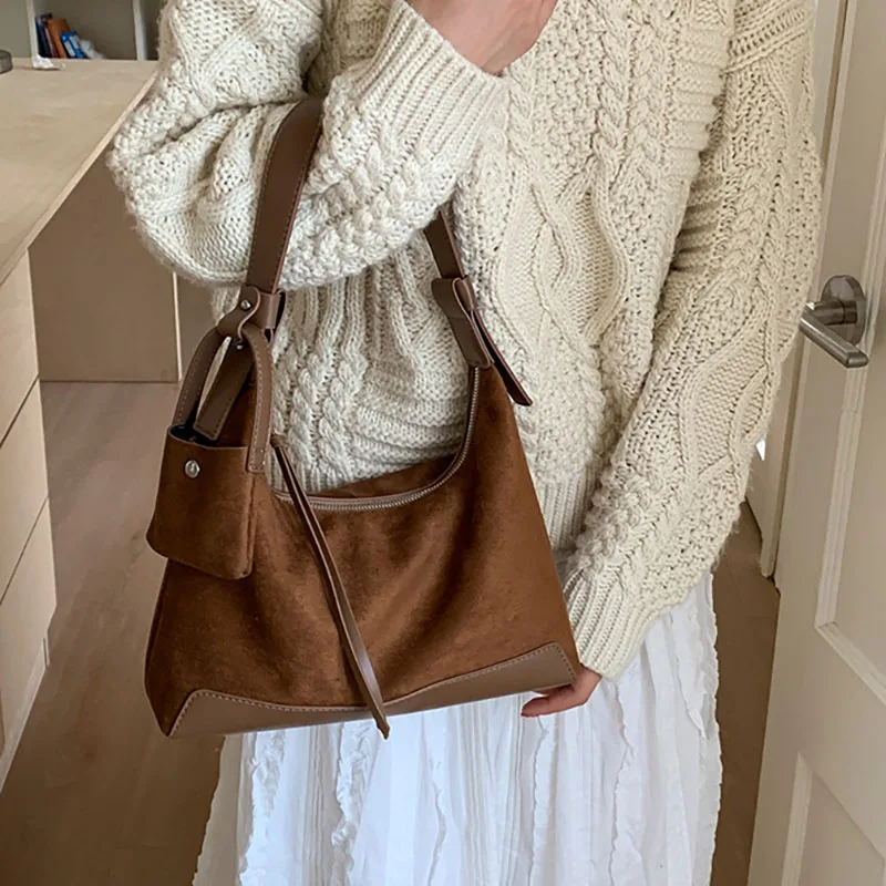 Korean Retro Pu Armpit Bag Suede Tote Bag Casual Commuting Women'S Large Capacity Shoulder Crossbody Bag