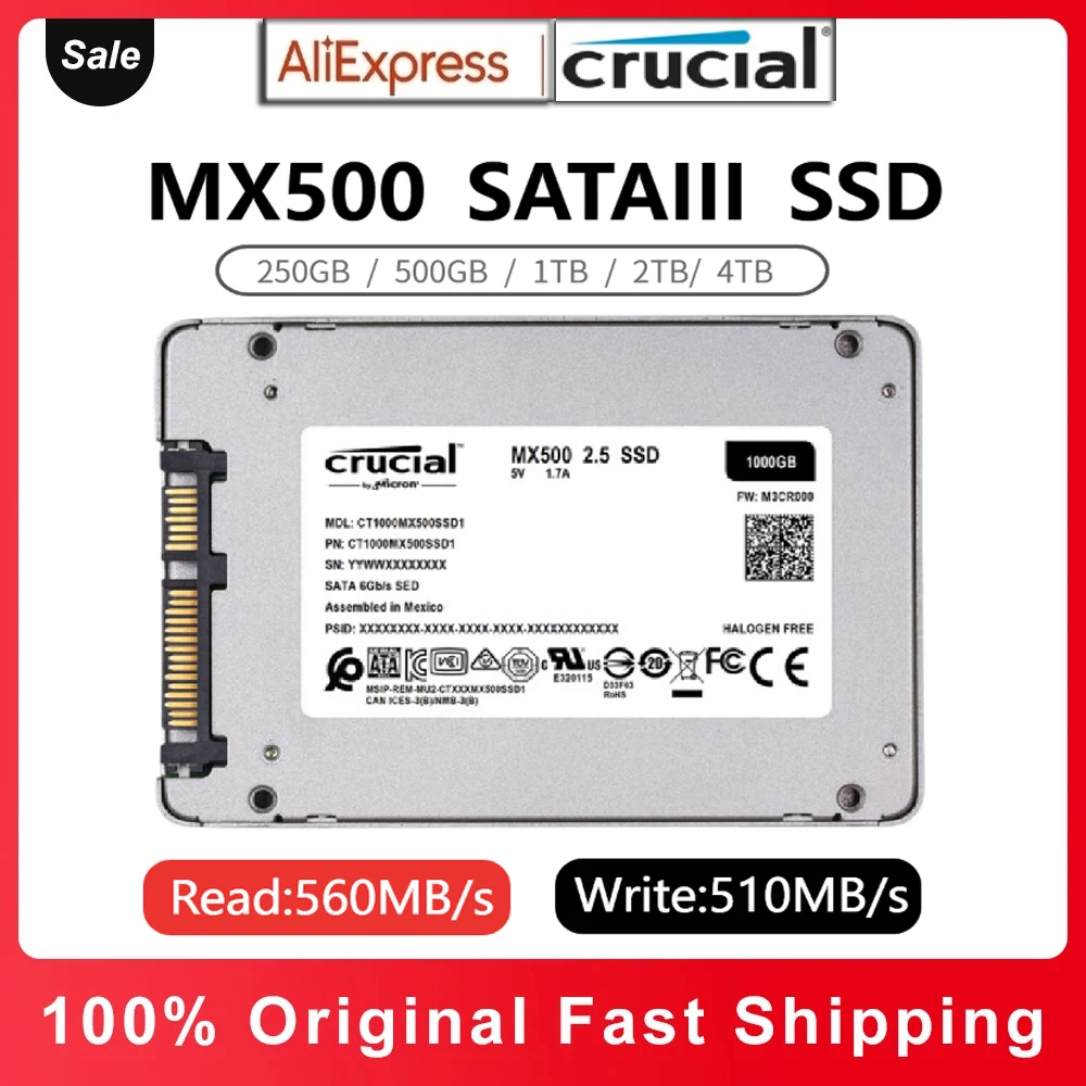Crucial MX500 ָ Ʈ ̺,   Ƽ Ʈ ũž ϵ ũ, 3D NAND SATA3.0 SSD, 500GB, 1TB, 2TB, 4TB