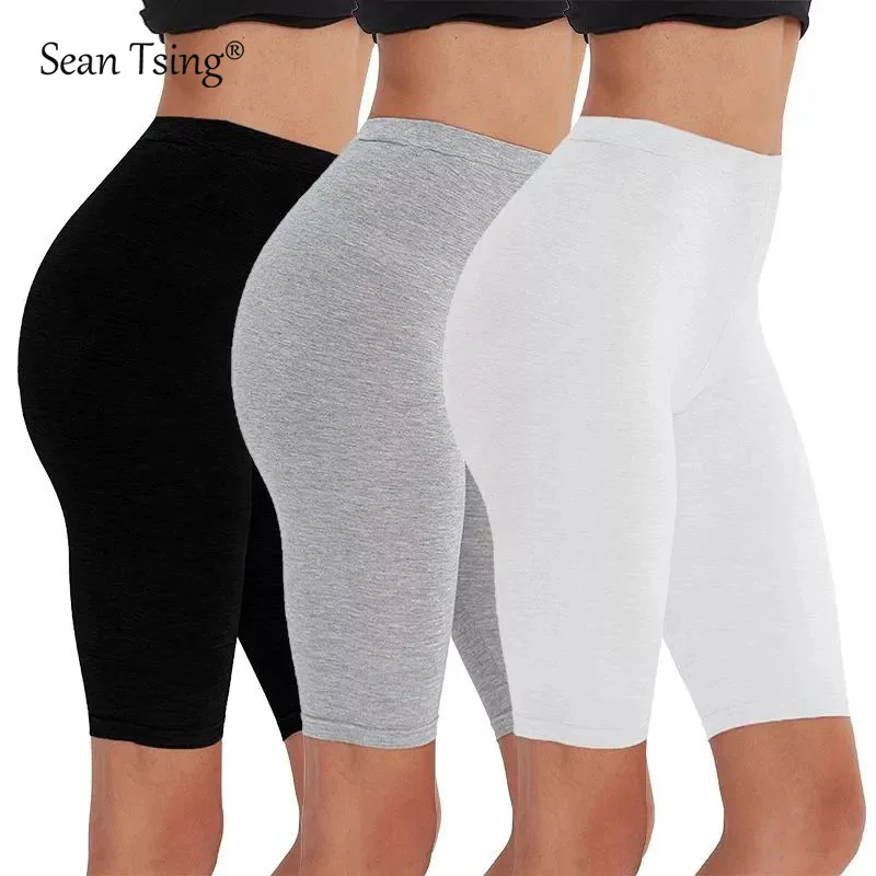Sean Tsing&reg; Fashion Soft Viscose Biker Shorts Women Fitness High Waist Summer Slim Knee-Length Black Cycling Leggings Sportwear