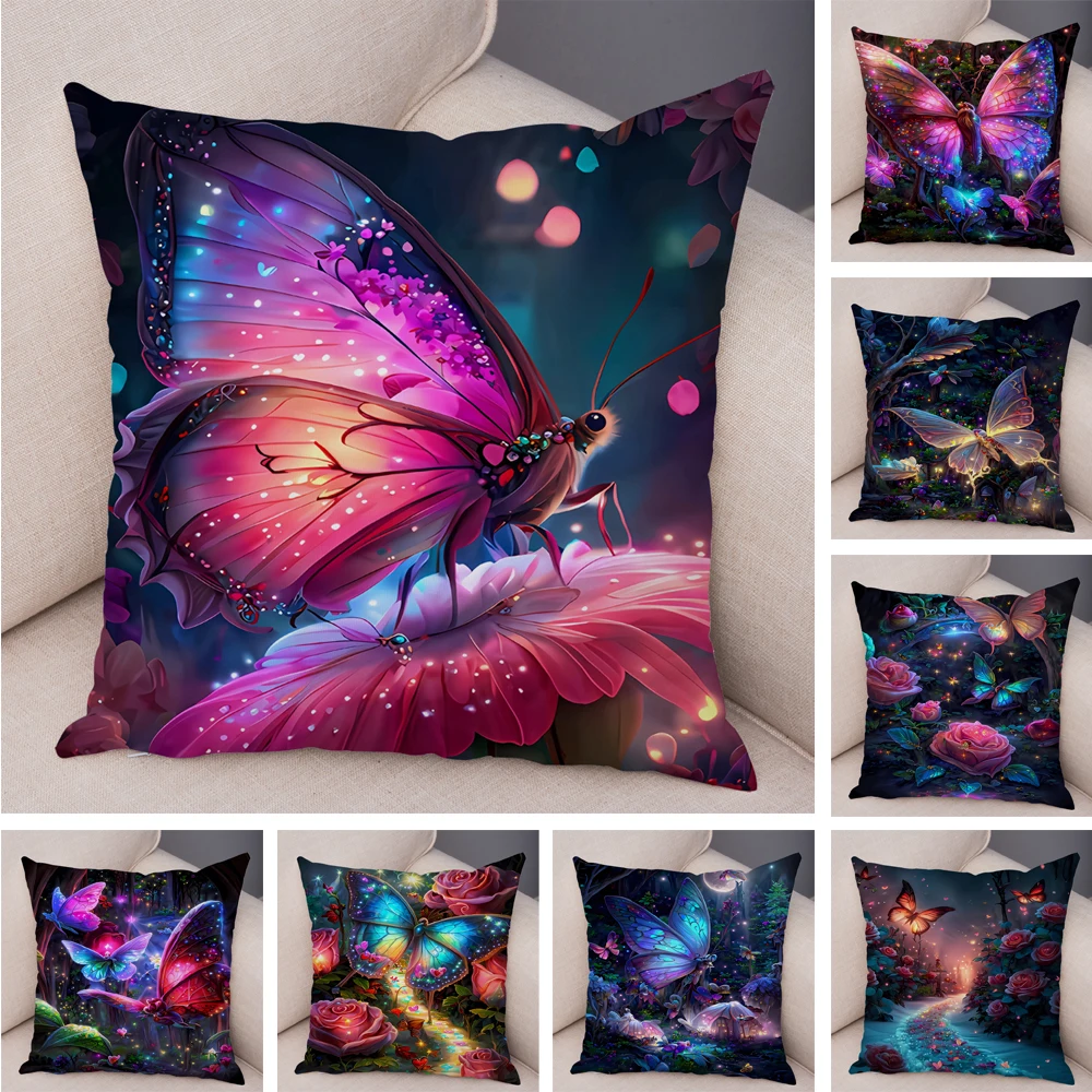 

Cartoon Flower Butterfly Animal Pillow Case Decor Flower Cushion Cover for Sofa Home Car Fantasy Forest Soft Plush Pillowcase