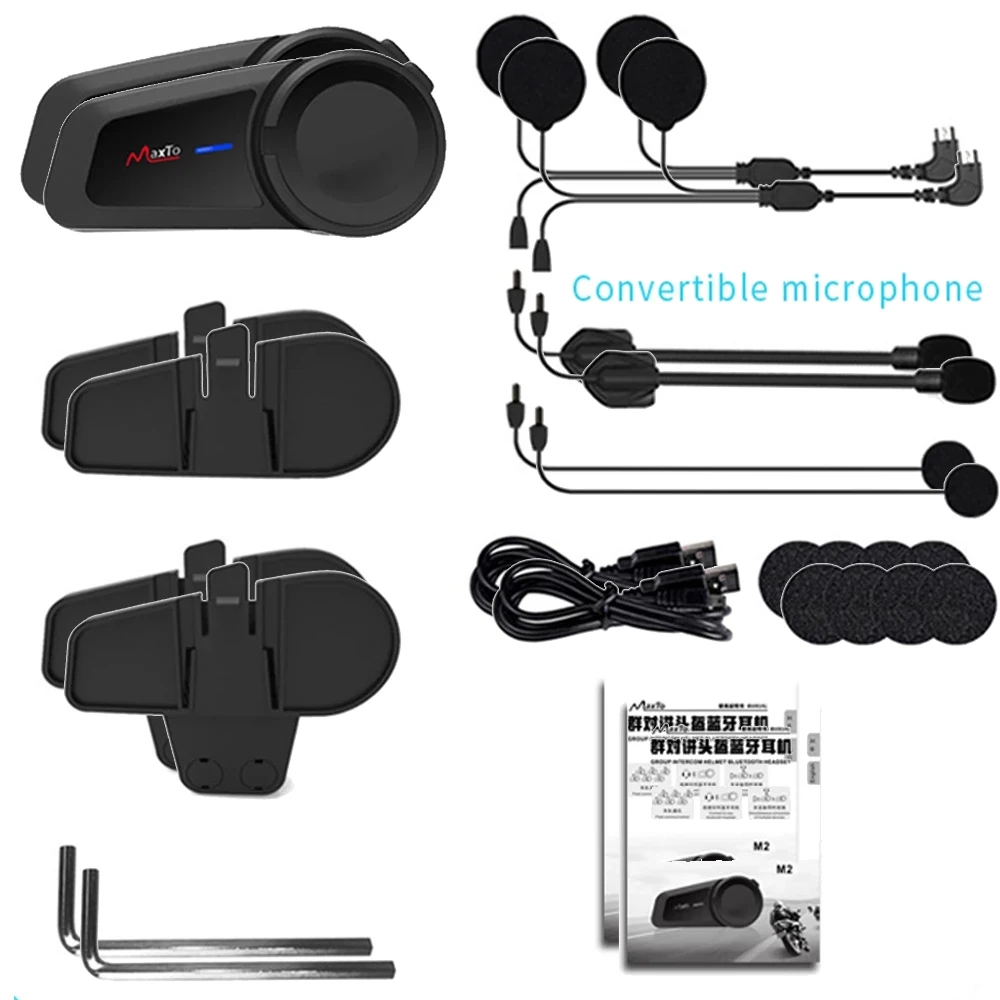 2PCS Maxto M2  6 ̴ 1000M  Bluetooth5.0 FM MP3  Casco  Intercomunicador  