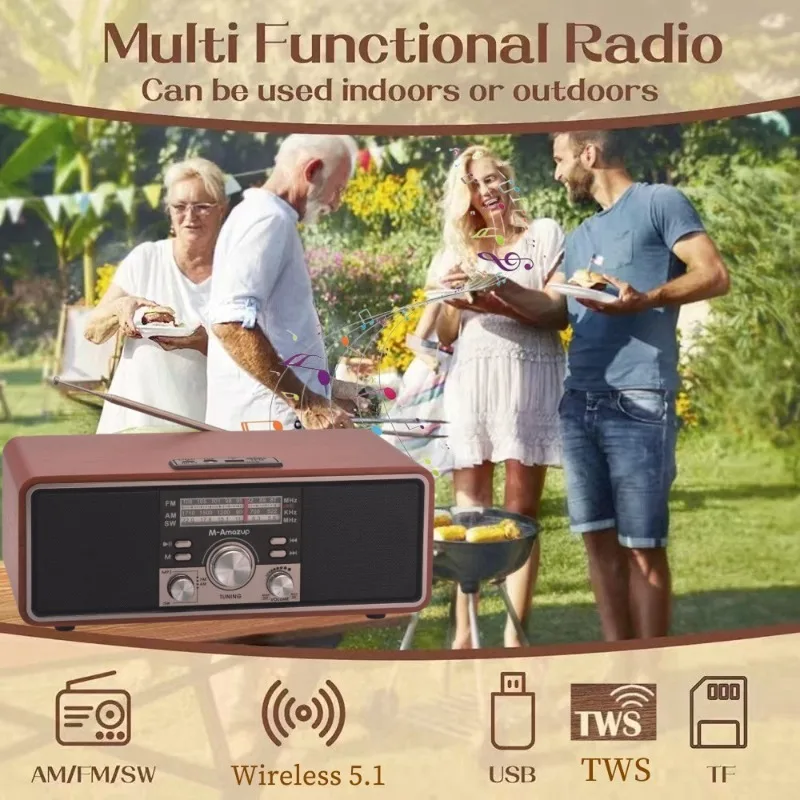 Nostalgic Retro Wooden Bluetooth Speakers Stereo Radio Wireless Subwoofer with AM/FM/SW Multi-band Support AUX USB TF Card Slot