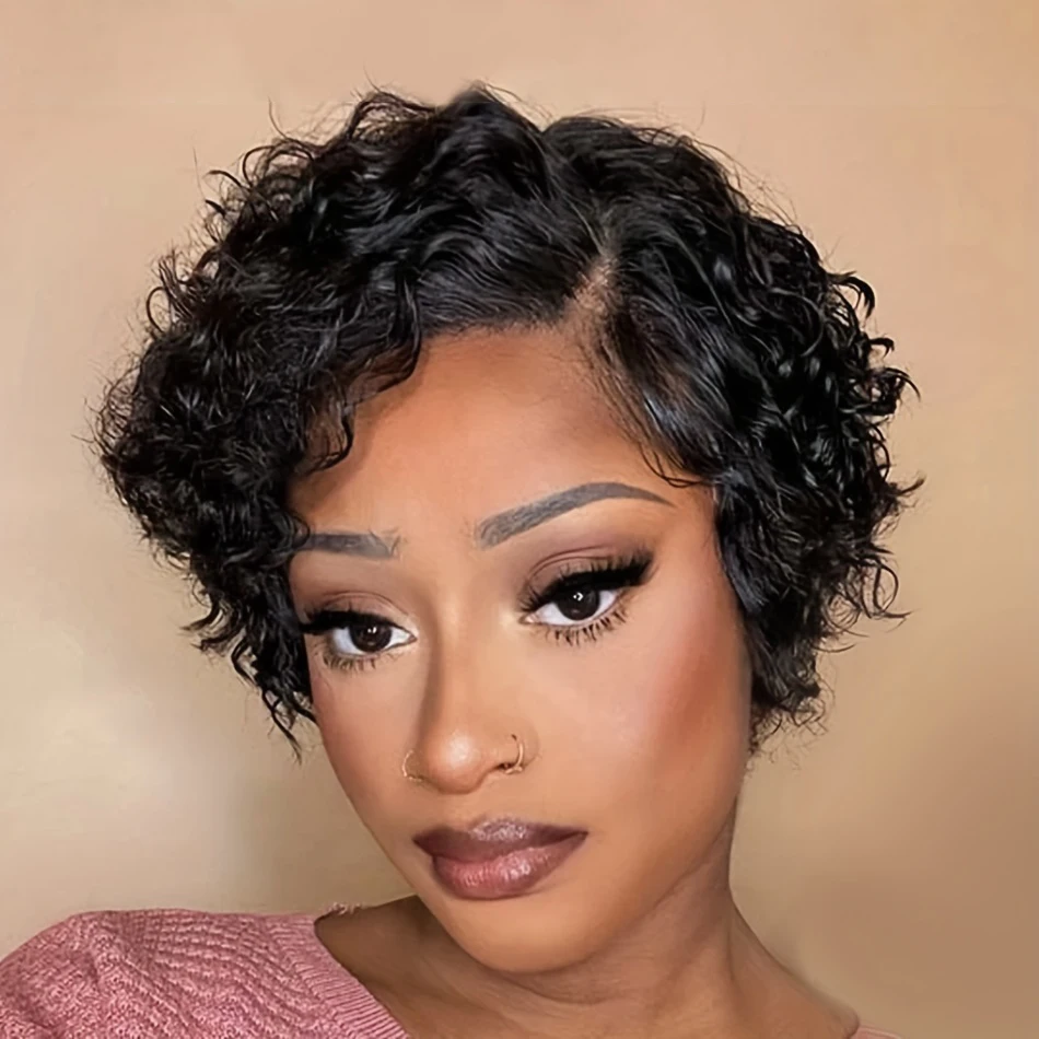 Short Curly Pixie Cut Wigs Human Hair Wig with Baby Hair Side Part 13*4*1 Lace Frontal Wig For Women