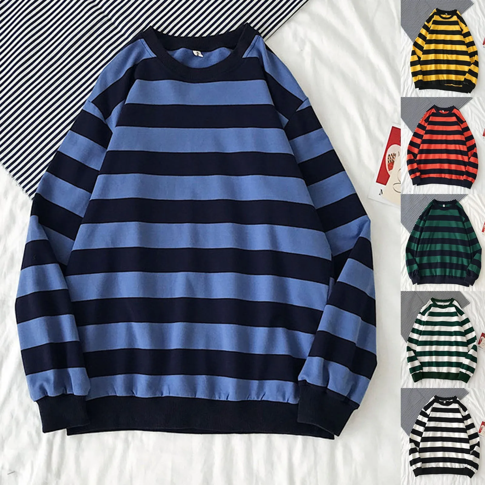 Striped Sweatshirts Mens Casual Shirts O Neck Striped T-Shirts Long Sleeves Pullovers Men Loose Tops Red White Stripes Shirt