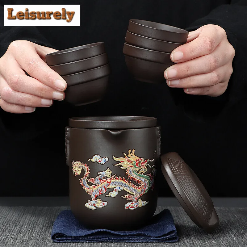 Purple Sand Color Changing Travel Tea Set Kit Dargon Phoenix 1 Pot 6 Cups Tea Maker Outdoor Travel Tea Set Portable Bags Teaset