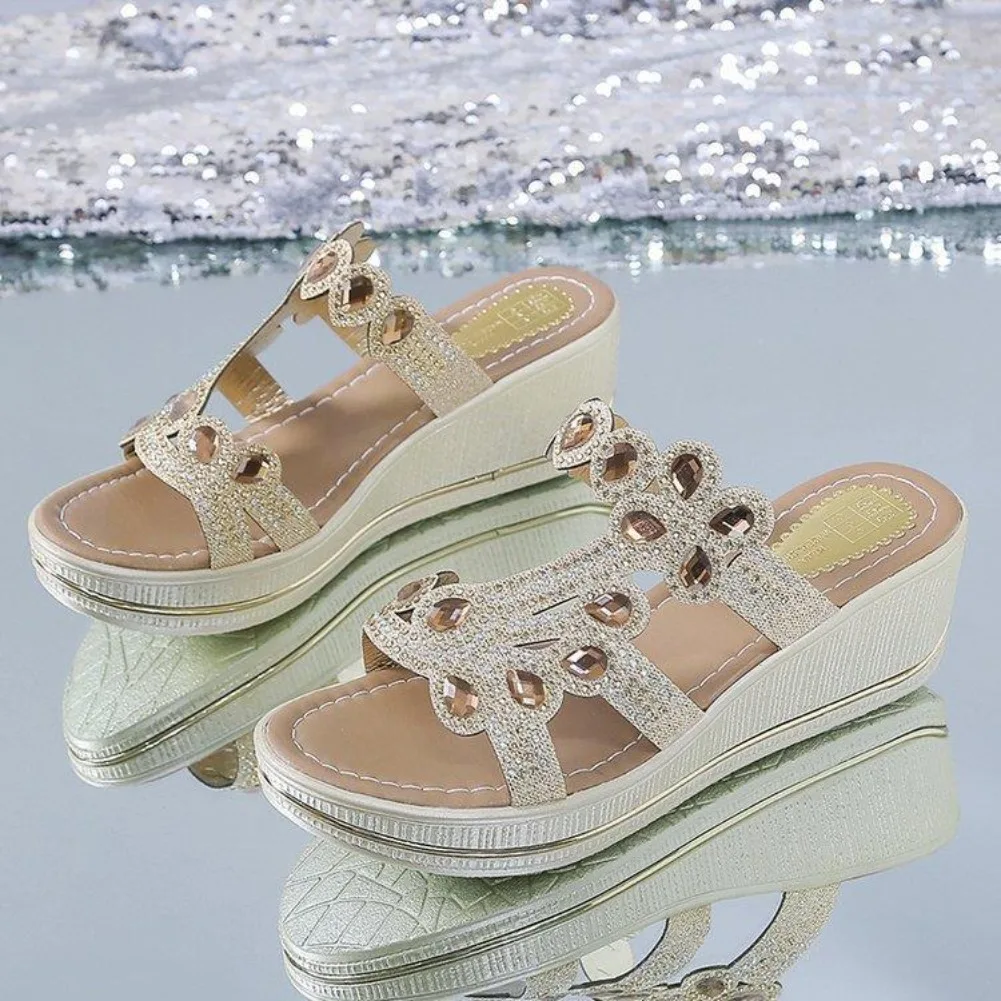 Women Sandals Summer Fashion High Heel Sandals Crystal Casual Shoes High Heels Rhinestone Thick-soled Wedge Slippers