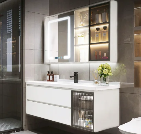 Factory Directly Modern Hotel Hanging Waterproof Mirror Pvc Wash Basin Vanity Bathroom Cabinet