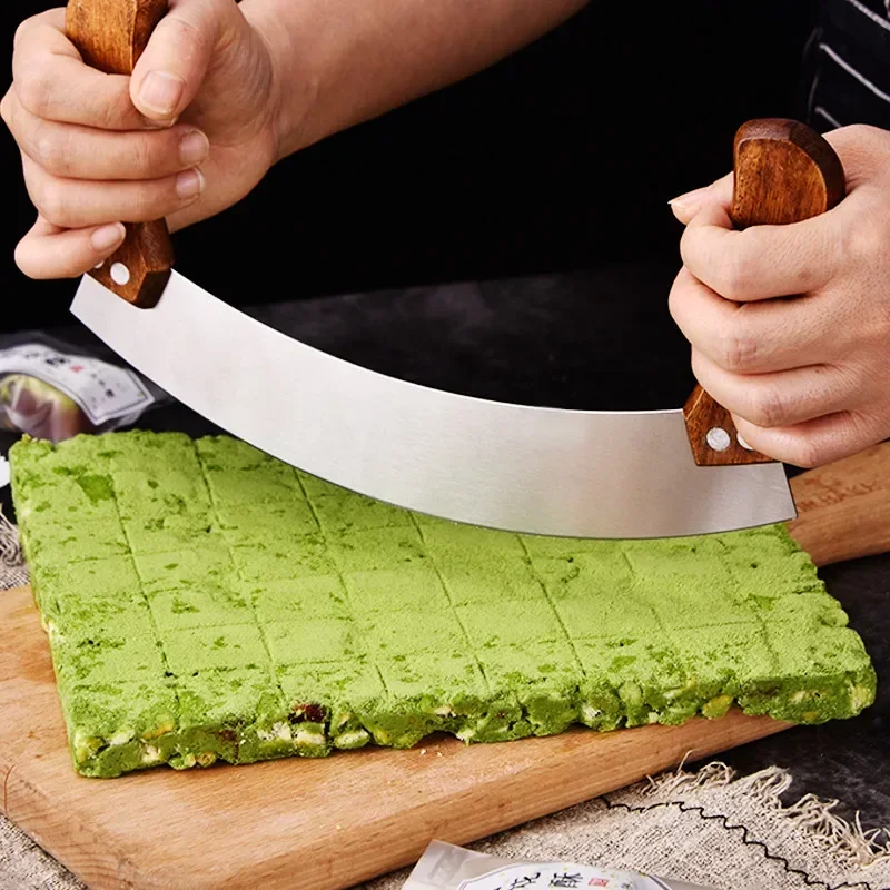 Stainless Steel Vegetable Nougat Knife Home Herb Pizza Cutter with Double Wooden Handle Kitchen Cutting Chopping Baking Tools food processor accessories