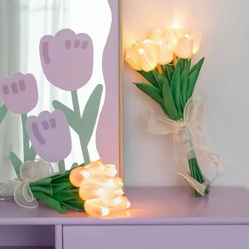 LED night light 5/10pcs LED Tulips Bouquet for Home Garden Artificial Flowers PU Tulip Fake Flower Decoration Wedding Birthday Gift