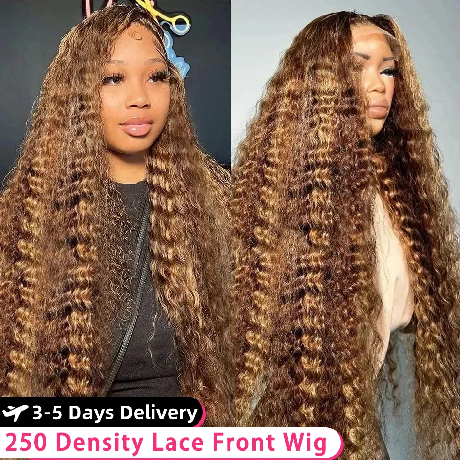 Human Hair Wig Highlight Honey Blonde Curly Water Wave 13x6 HD Lace Frontal 100% Human Hair Ombre Deep 4x4 Wig