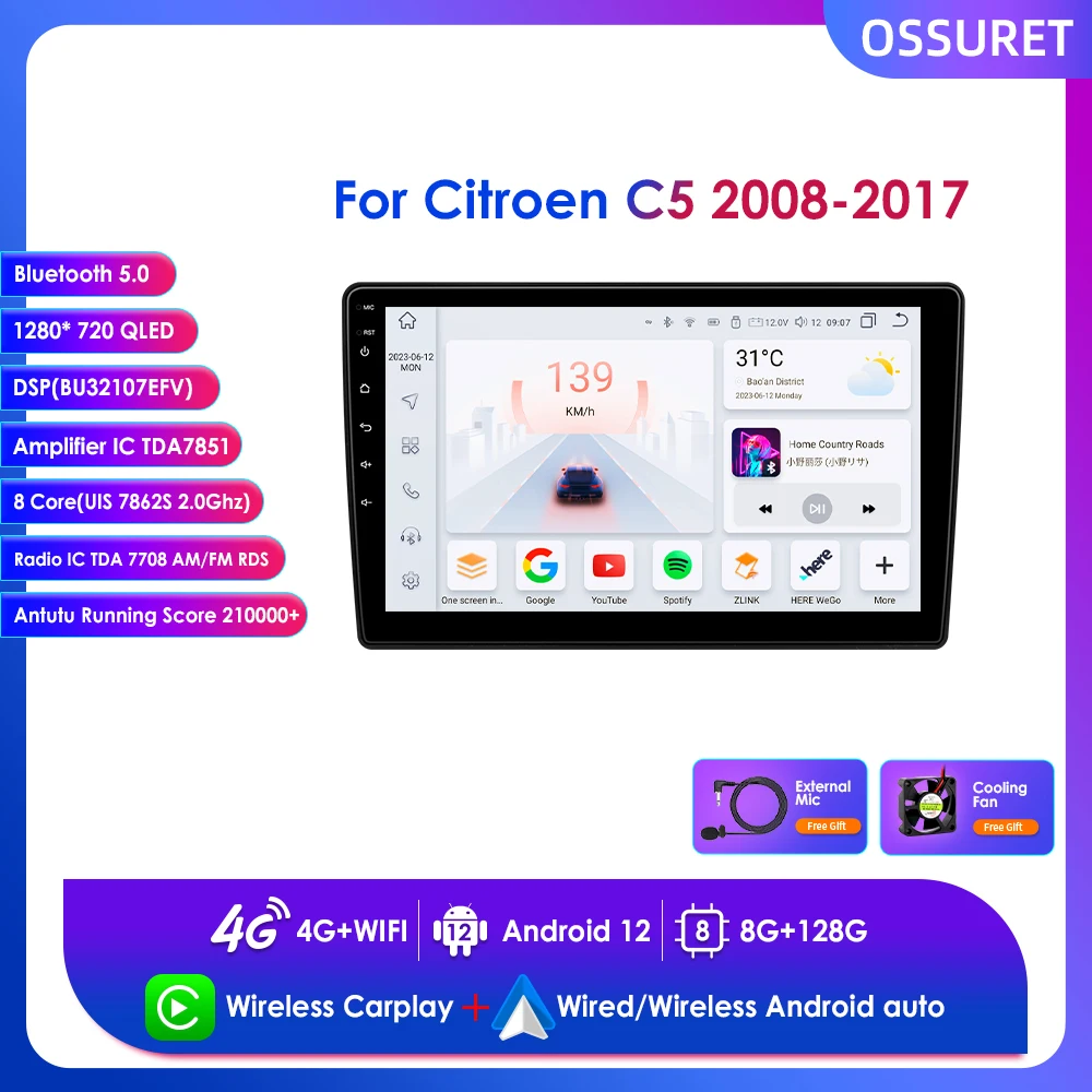 

10.1" Wireless Carplay DSP 2 Din Stereo for Citroen C5 2008 - 2017 Multimedia Android 12 Car Radio Octa Core GPS RDS BT Navi 4G