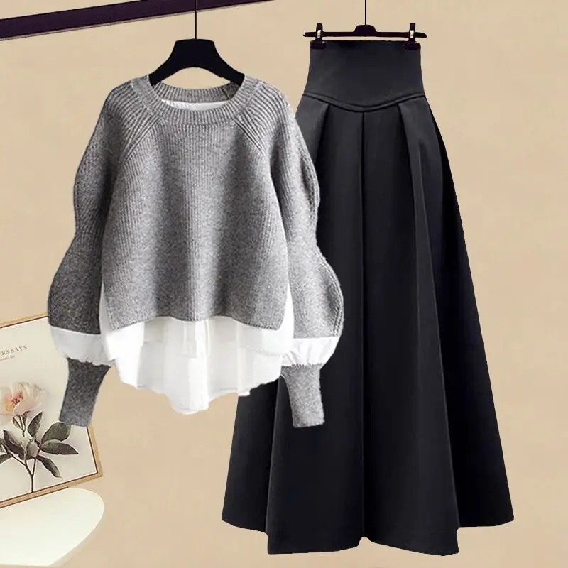 Women's Clothing Spring Autumn Outfits 2023 New Fake Two Piece Top Style Slim Half Skirt Blast Street Two Piece Set Trend fashion o neck spliced fake two pieces sweaters men s clothing 2023 autumn winter loose casual pullovers knitted korean tops