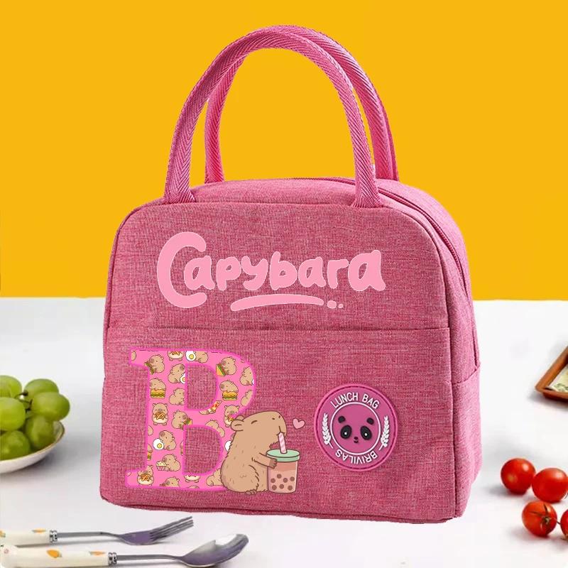 Cute Capybara Lunch Bag Kids Kawaii Capibara Letter A-Z Bento Handbags Children School Picnic Food Heat Preservation Pouch Gift