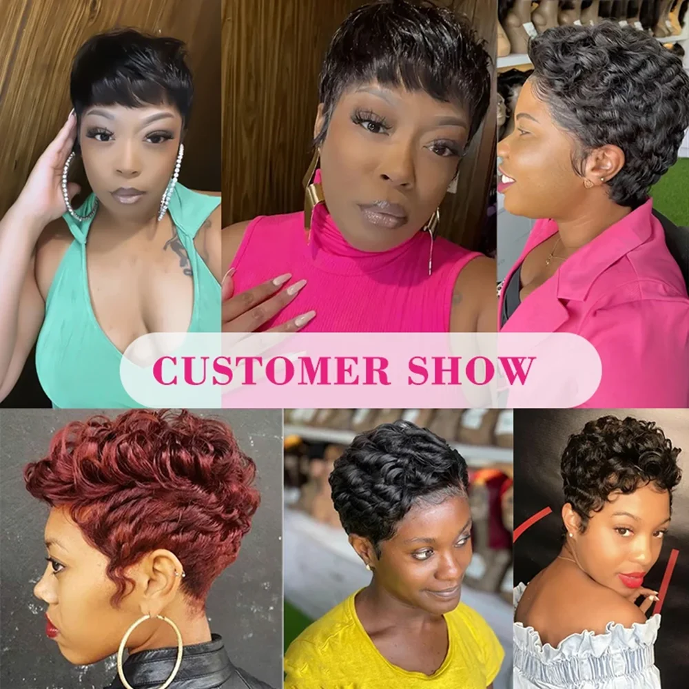 13x4 Short Pixie Cut Bob Wave 100% Human Hair Wigs Lace Frontal Human Hair Wigs 180% Density Natural Color for Black Women Girls