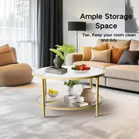 Coffee Table, Small Round Coffee Table with Faux Marble Top and Glass Storage Shelf, 2-Tier Circle Center Table for Living Room 1