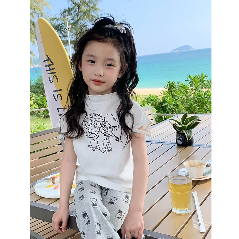 

2024 Spring Summer Kid Girl 2PCS Clothes Set Cotton Short Sleeve Shirts Cartoon Full Printed Thin Pant Suit Children Girl Outfit