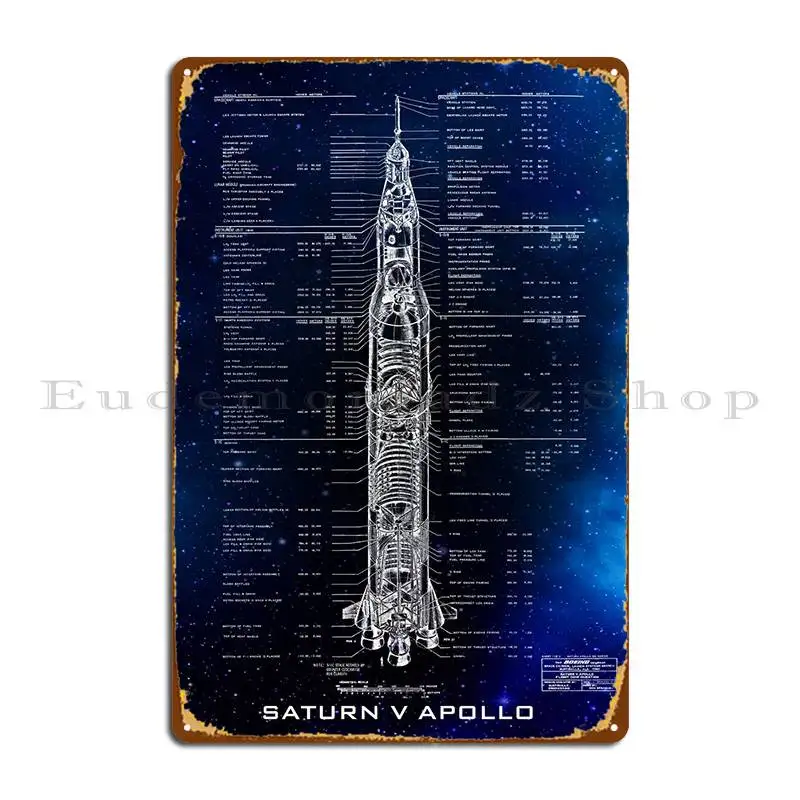 Apollo Saturn V Blueprint Metal Platform Poster Pub Crea Club Arrugginito Personaggio Tin Sign Poster