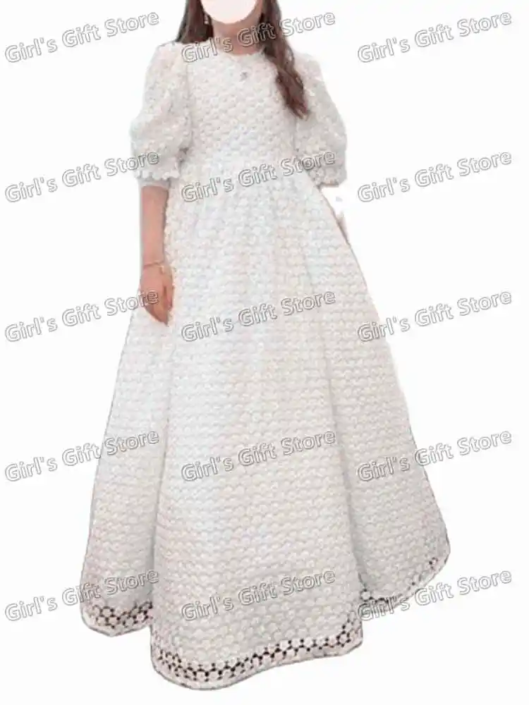 Hollow Out Lace Flower Girl Dresses for Wedding Princess High Waist Toddler Pretty Pageant Balloon Sleeve First Communion Gown