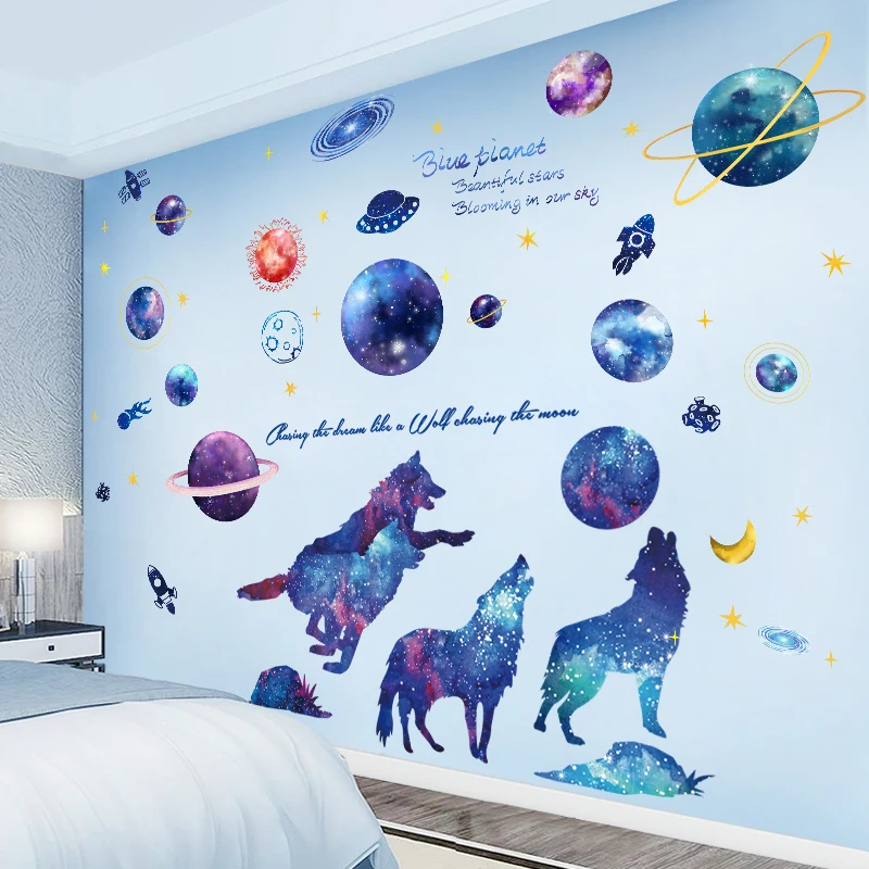 

Outer Space Planets Wall Stickers DIY Creative Wolf Animals Wall Decals for Kids Rooms Baby Bedroom Nursery Home Decoration