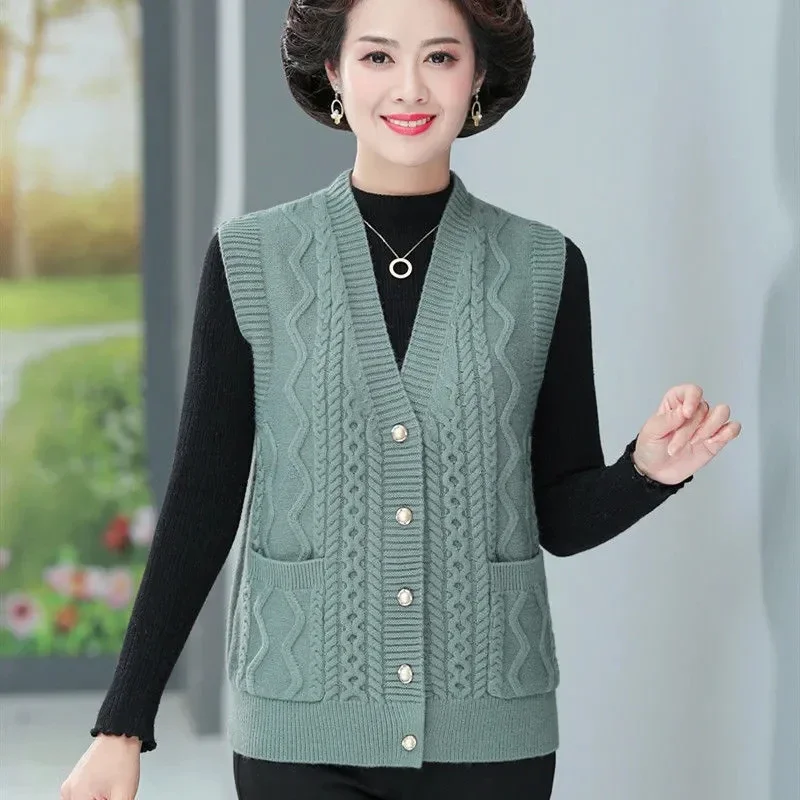 

Mother Vest Spring Autumn V-Neck Knitted Cardigan Sweater Coat Fashion Solid Grandma Sleeveless Jacket Women Waistcoat G69