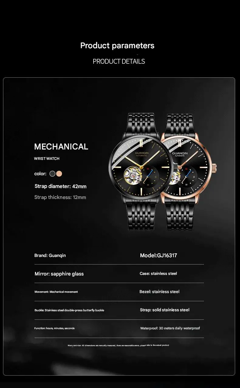 Orologio da polso da uomo GUANQIN con scheletro automatico, meccanico, a carica automatica, in acciaio inossidabile, luminoso, stile vintage, con zaffiro e impermeabile_voghion.com