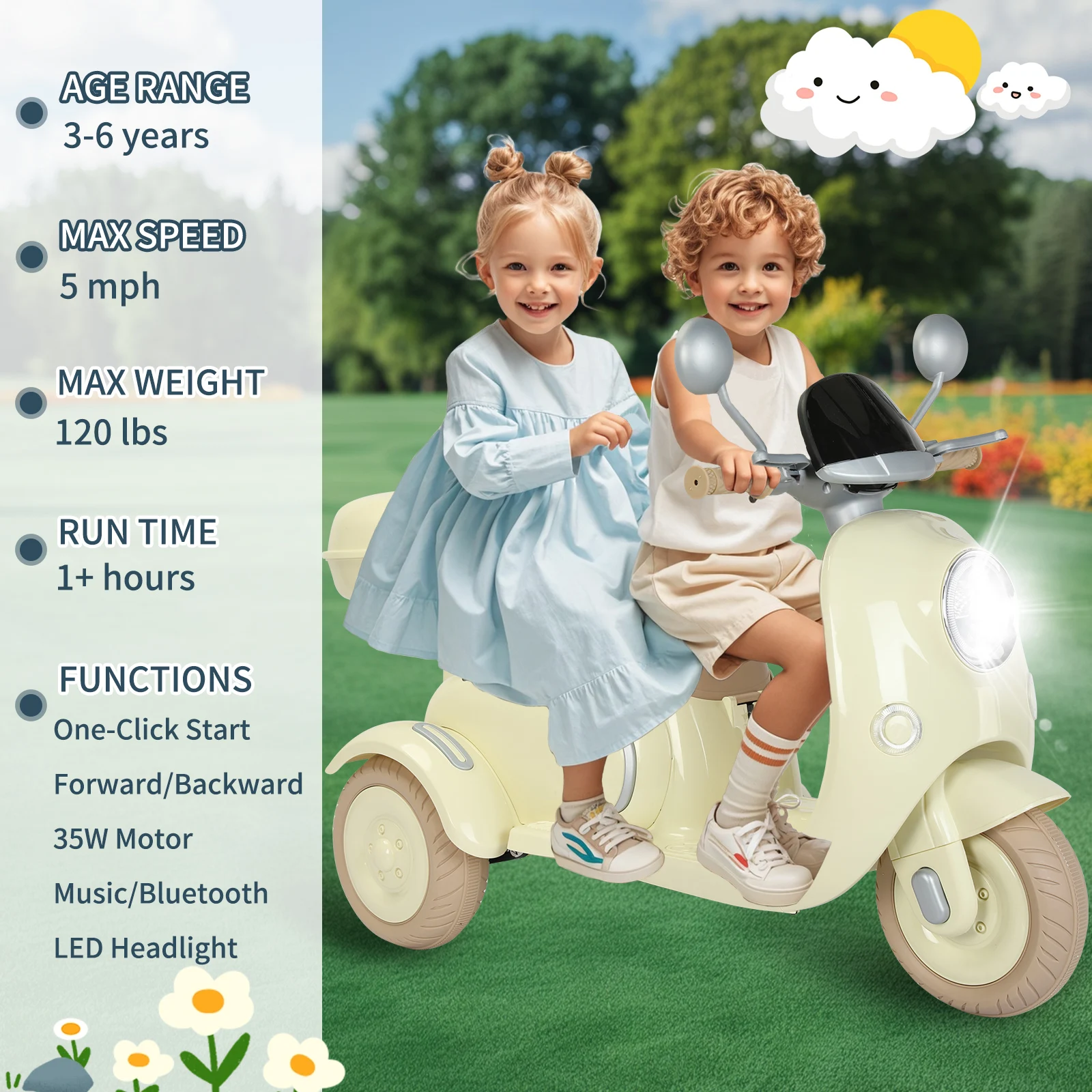 2 Seater Kids Ride on Motorcycle, 12V Electric Motorcycle for Kids, 3 Wheels Kids Motorbike with Storage Box, Music, LED Light