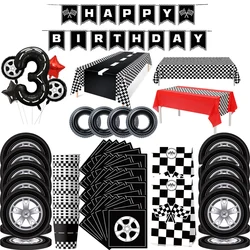 Wheel Tire Disposable Tableware Checkered Tablecloth Racing Car Birthday Party Decor Supplies For 1 2 3 4 5 6 Years Kid Boy