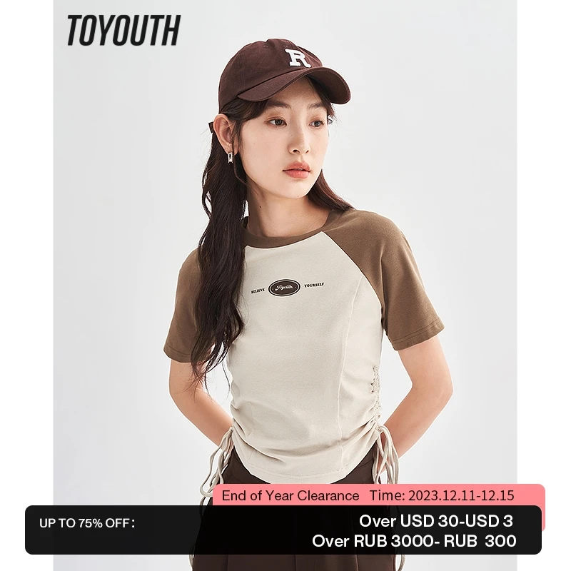 

Toyouth Women T-shirt 2023 Summer Short Sleeve O Neck Slim Sexy Tees Both Sides Drawstring Waist Up Design Y2K Fashion Chic Top