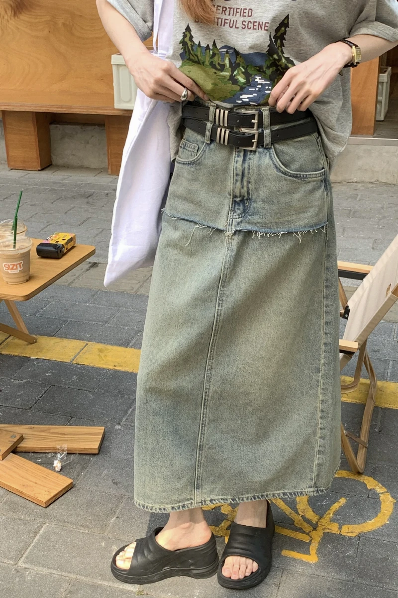 

Y2K Vintage Denim Skirts for Women 2023 Fashion High Waist Loose Straight Skirt