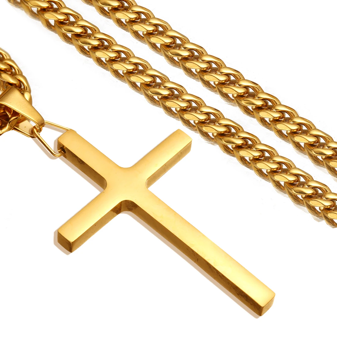Granny Chic Gold Tone Jesus Cross Pendant Necklace 316L Stainless Steel Curb Cuban Link Chain 6mm Wide 20-36inch