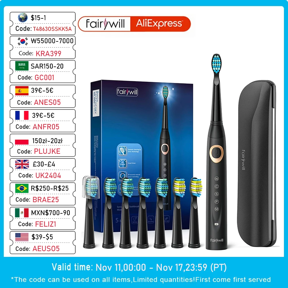 Fairywill FW-508 Sonic Electric Toothbrush Rechargeable Timer Brush 5 Modes Fast Charge Tooth Brush 8 Brush Heads for Adults candour cd 5133 electric toothbrush rechargeable buy one get one free sonic toothbrush 15 mode travel tooth brush with 8 brush