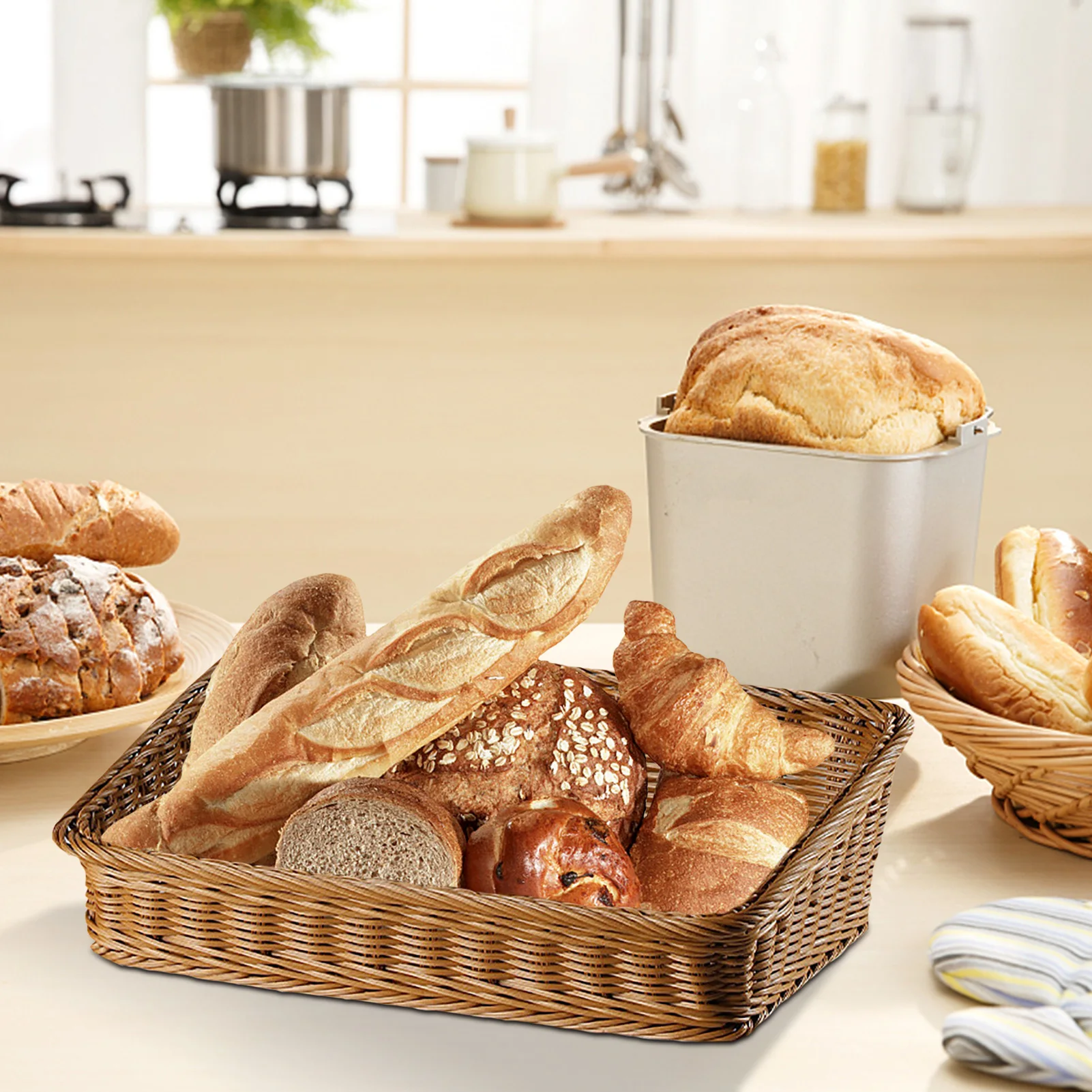 Handwoven Storage Basket Rattan Storage Wicker Baskets Bread Fruit Food Breakfast Display Box Handicrafts Home Decoration 5