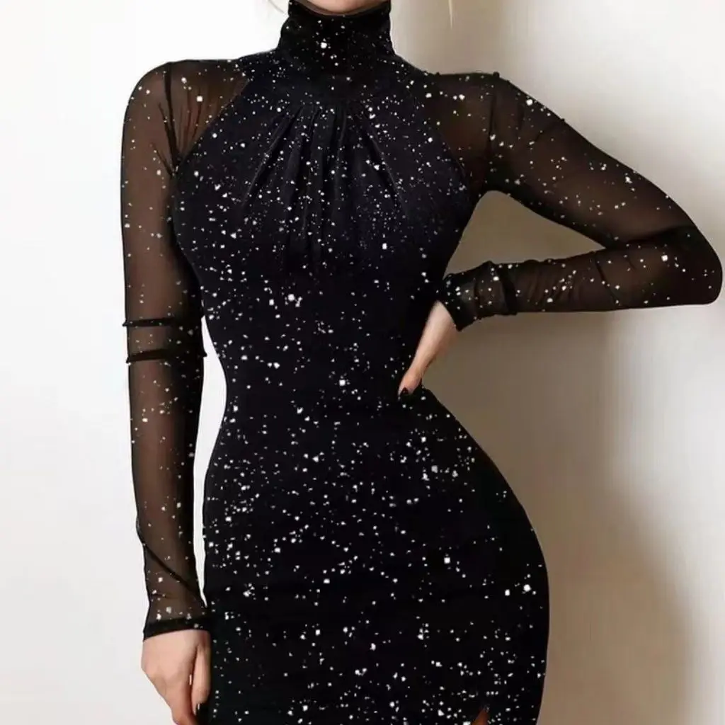 

Sexy Mermaid Cocktail Dress Halter Collar Illusion Long Sleeve Woman Party Prom Gown Charming Above Knee Robe De Cocktail SWD997