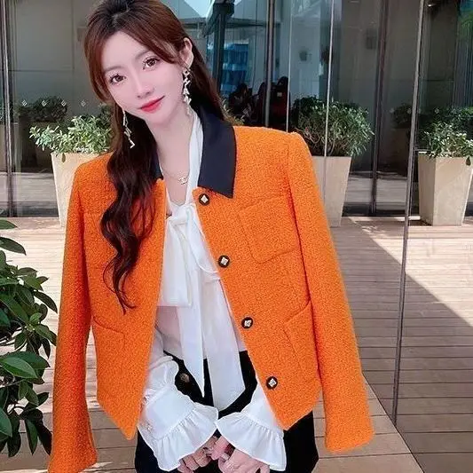 

Elegant Tweed Single-Breasted Short Jacket Fashion Fall 2024 Short Coat Korean Turn Down Collar Contrast Color Joint Tops A40