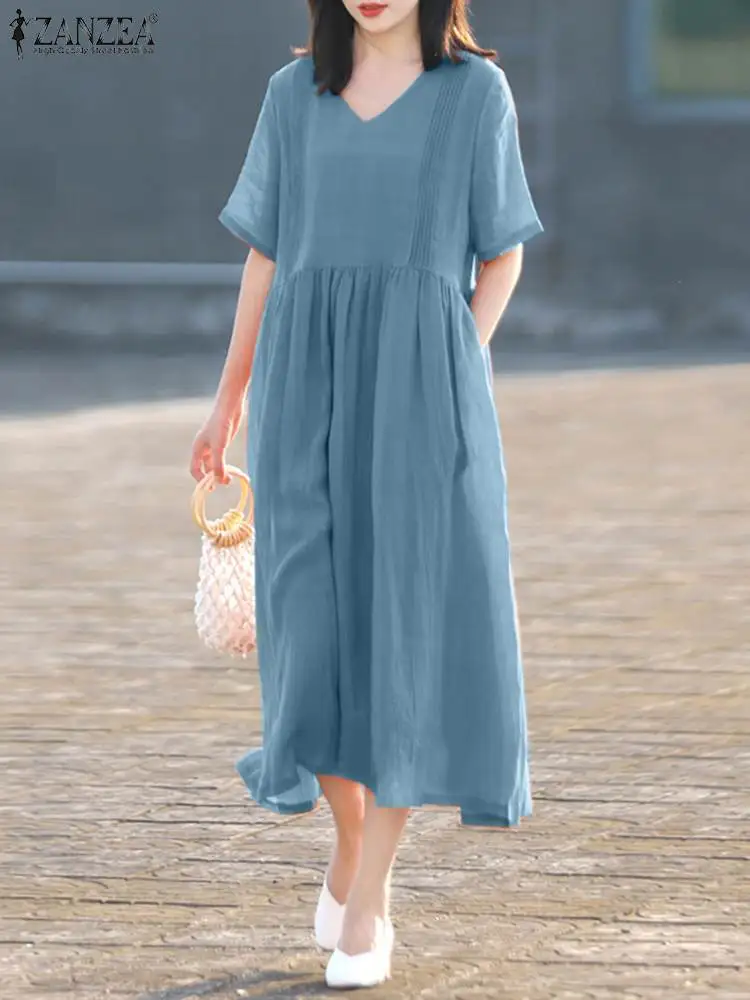 

ZANZEA Women V-neck Pocket Sundress 2023 Summer Fashion Solid Maxi Dress Holiday Casual Loose Short Sleeve Robe Pleating Dresses