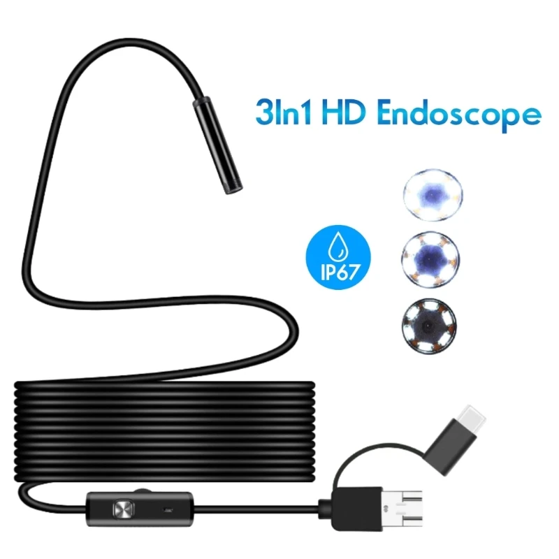 5.5mm 타입-C 내시경 카메라 IP67 방수, 6개 조절 가능 LED, USB 안드로이드 호환, 휴대폰/PC용 플렉시블 검사 내시경