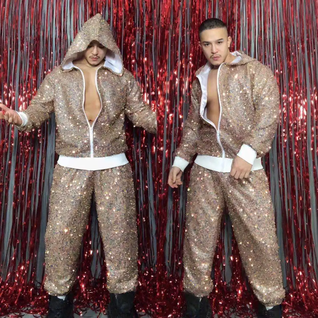 

Silver Gold Sequins Set Men Nightclub DJ DS Gogo Dance Costumes Pole Dance Clothing Male Jazz Performance Rave Outfit