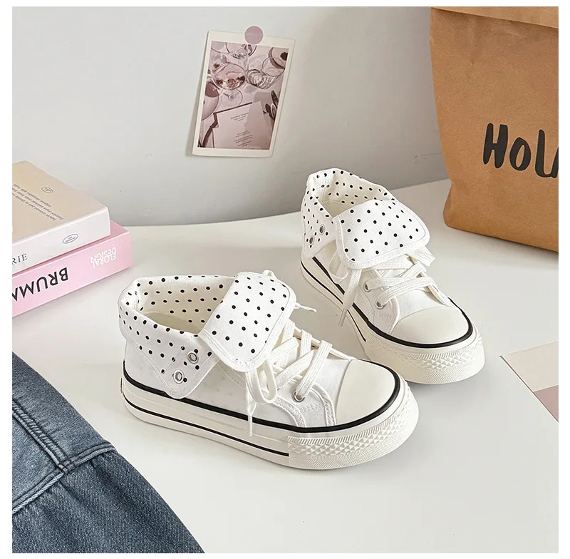 Women's High Top Platform Canvas Sneakers Polka Dot Foldable Collar Lace Up Breathable Korean Style Casual Shoes Fall 2026