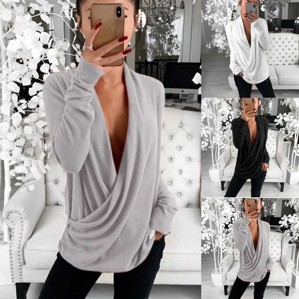 Women V Neck Long Sleeve Pleated Wrap Top
