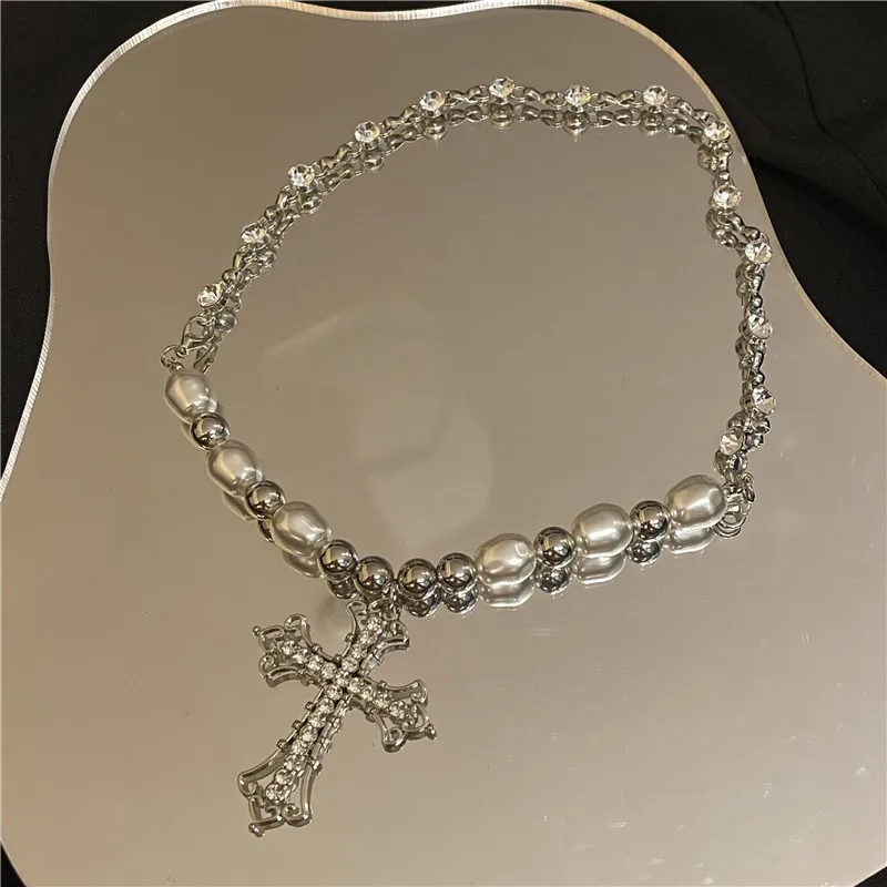 Y2K Trendy Pearl Cross Pendant Necklace Hip Hop Retro Men