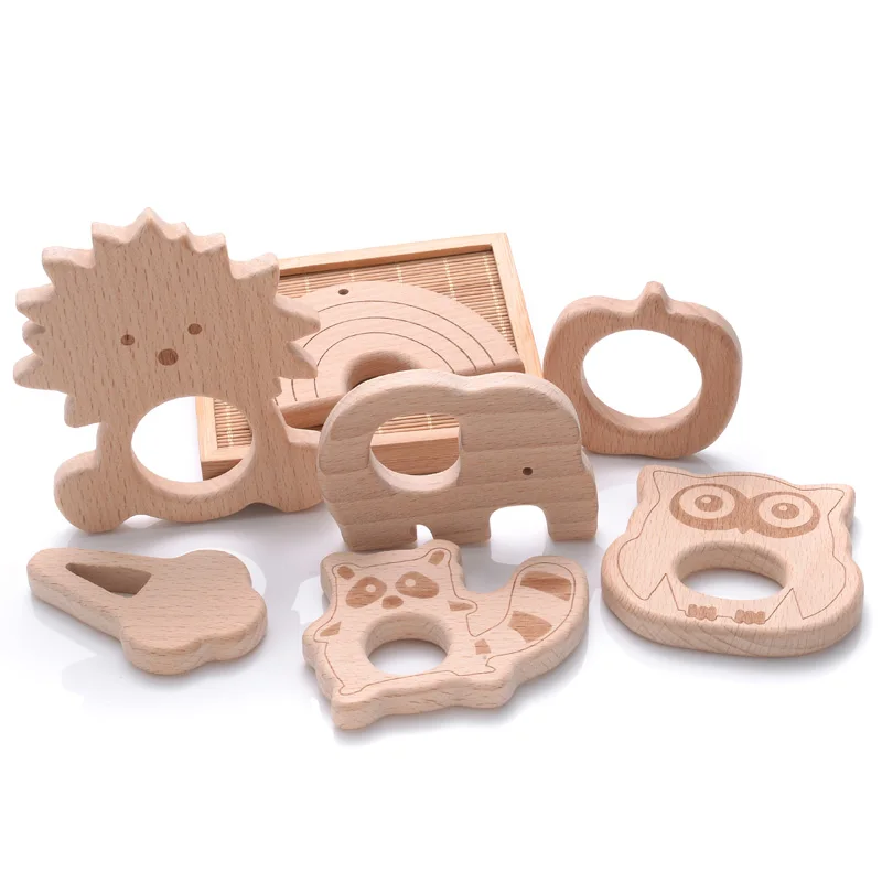 1Pcs Wooden Rodent Teethers Baby Cartoon Animals Rainbow Ice Cream Beech Teether Pendant For Baby Pacifier Chain Nurse Gifts Toy 5