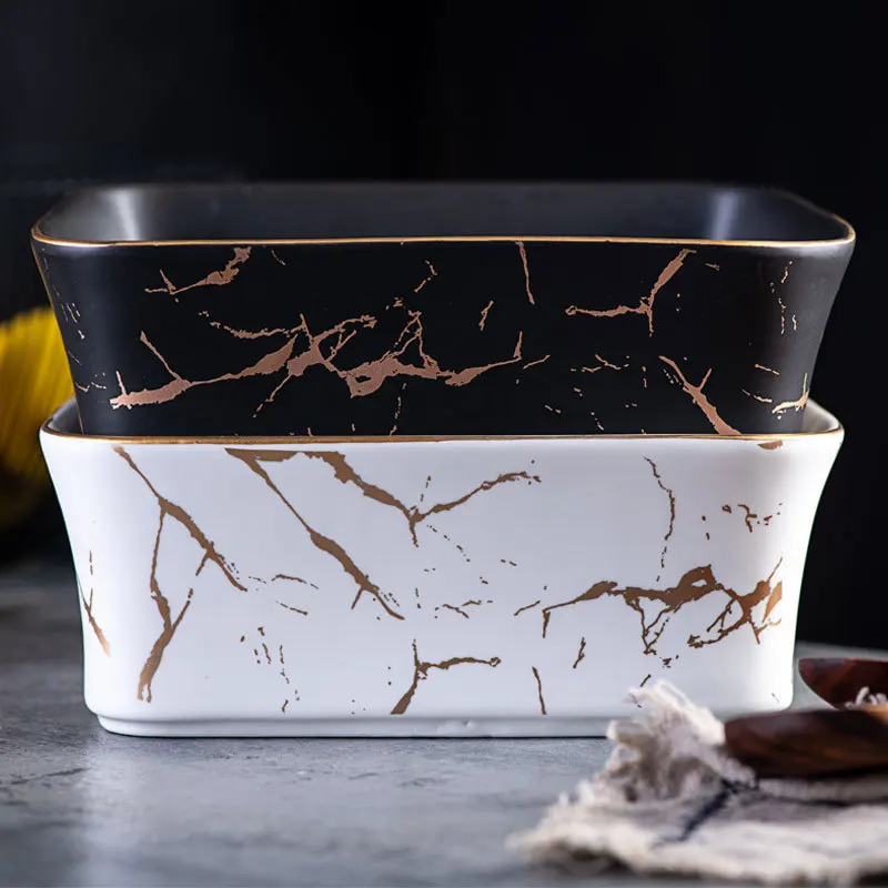 Household Square Fruit Salad Bowl Snack Fruit Plate Tableware Creative Ceramic Marbled Dessert Bowl Kitchen Restaurant Supplies