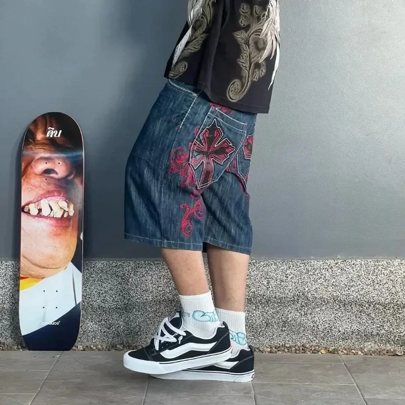 Vintage Graphic Printing Baggy Denim Shorts Gothic Cross Y2K Fashion Harajuku Casual High Waist Wide Leg Shorts Streetwear denim shorts summer jeans shorts