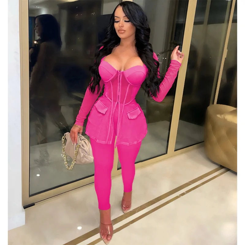 Women Sexy Two Piece Set Sheer Mesh Patchwork Strapless Long Sleeve Zipper Corset Blazer Top Pencil Pants Elegant Suit