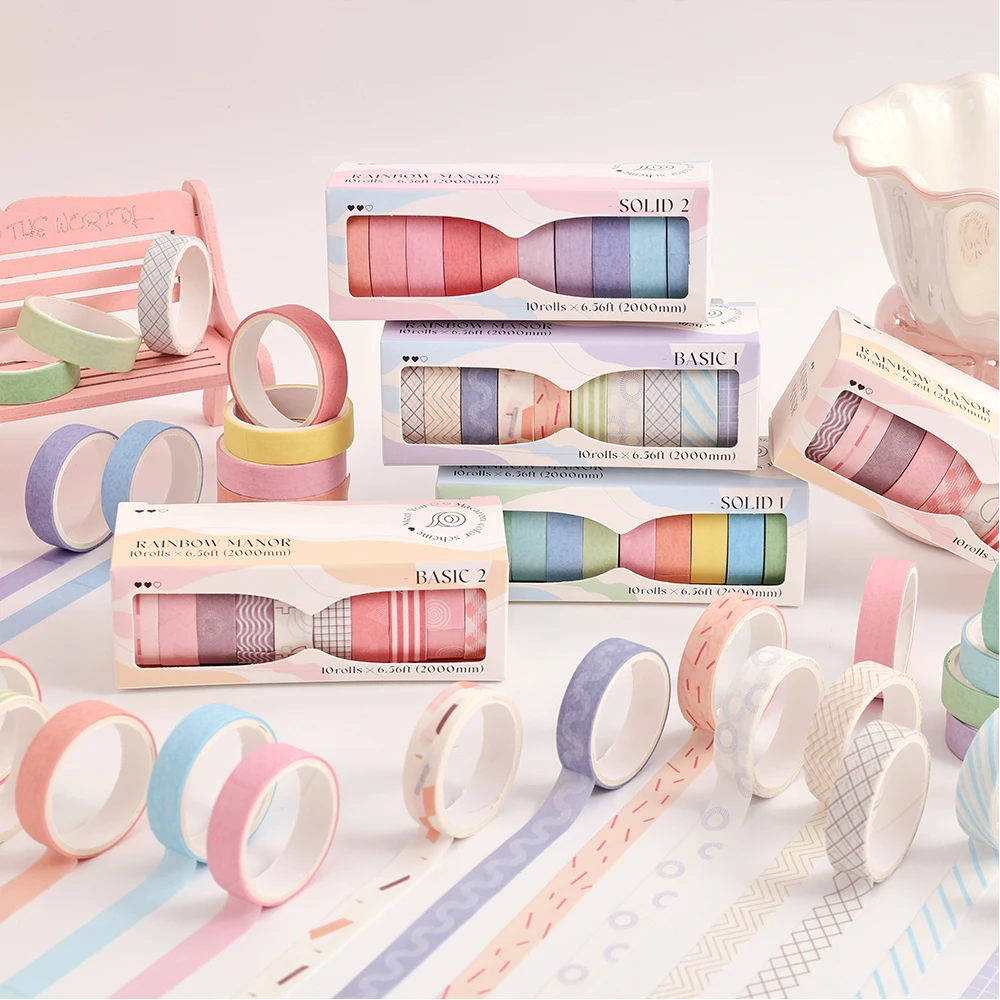 Colorful Slim Solid Color Washi Tape Set DIY Decorative Masking Tape Wrapping Scrapbooking Journaling Supplies 10 Rolls
